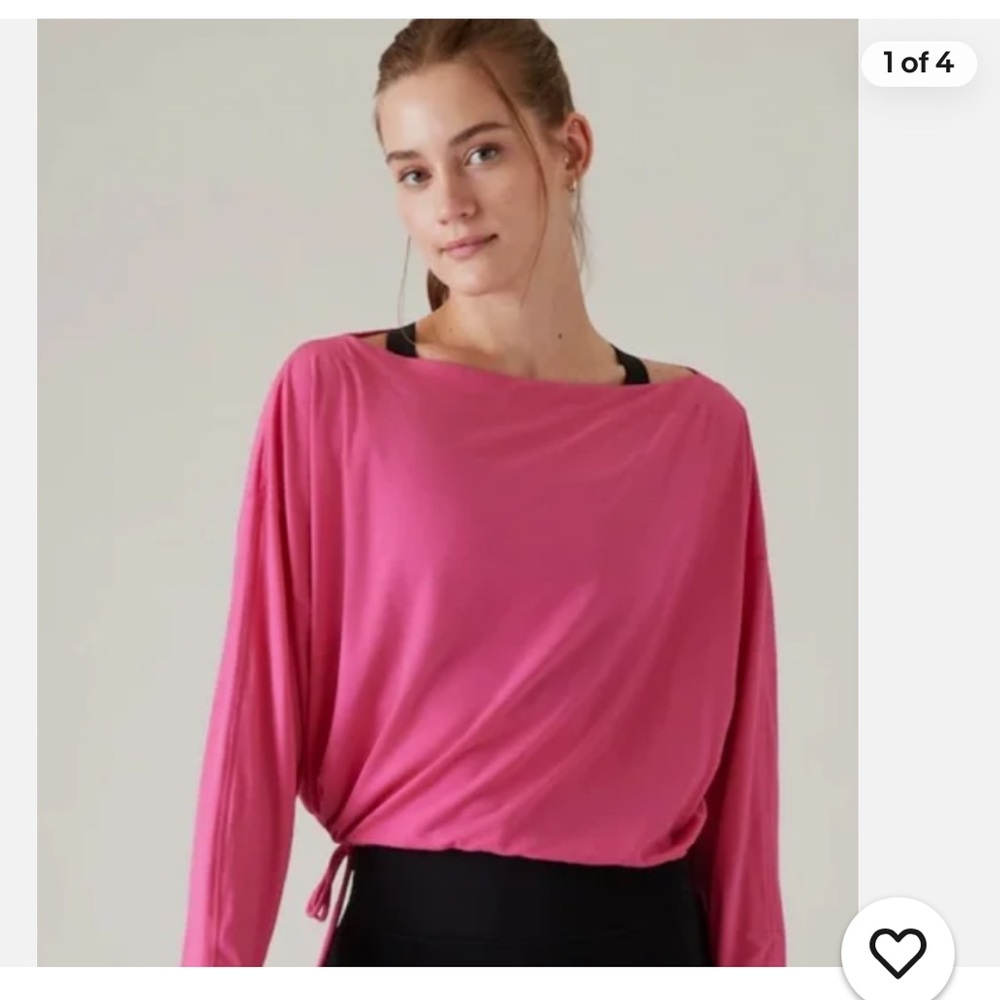 Athleta Cool Down Top Womens L Pink Boat Neck Side Tie Long Sleeve Logo NWOT